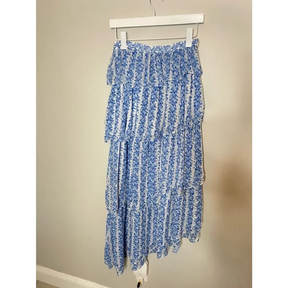 $275 Misa Asymmetrical tired maxi skirt in blue floral print NWT XS